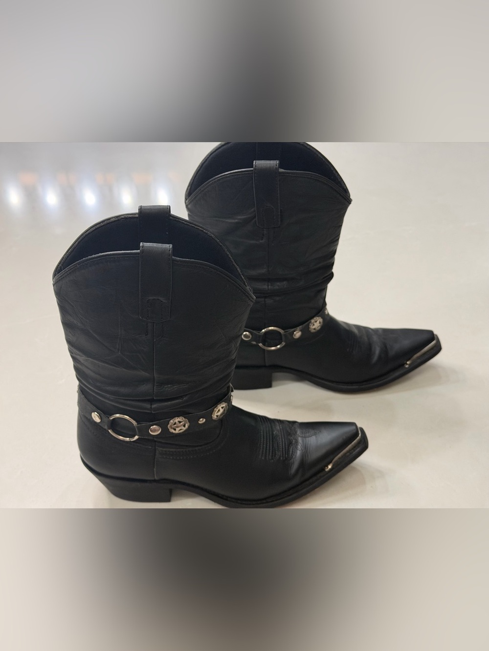Dingo Olivia Black Leather Slouch Cowboy Boots Size 7M Metal Toe Accent